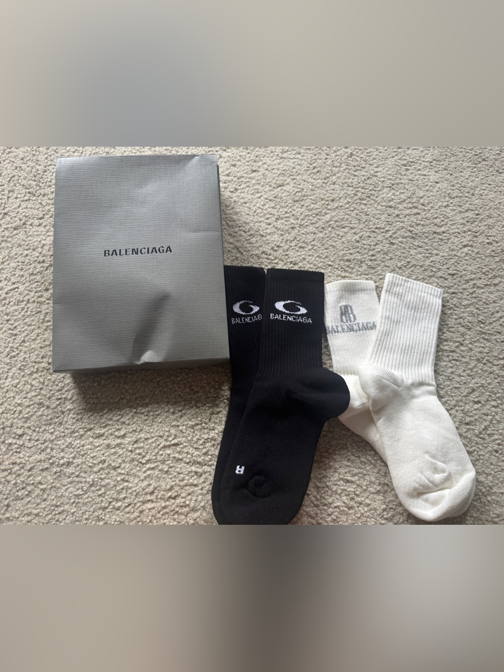 New Balenciaga Cotton White & Black Socks Unisex Bundle With Bag